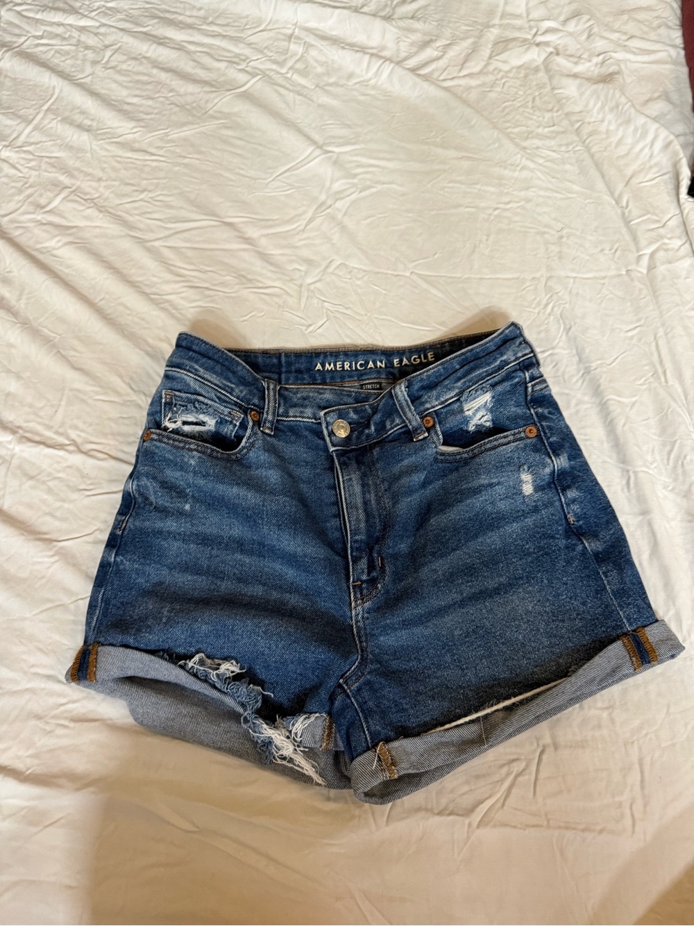 American Eagle Outfitters Blue High-Waist Distressed Denim Mom Shorts